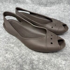 Crocs‎ Peep Toe Slingback Flats Shoes Womens Size 8 Brown Farrah Comfort Slipon